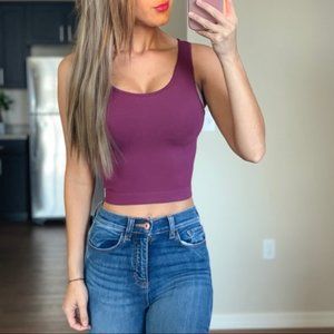 -New Maroon Ribbed Seamless Crop Tank Top-